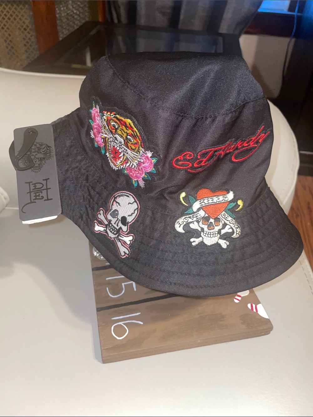 Ed Hardy Black Bucket Hat with Colorful Embroidered Motif women’s